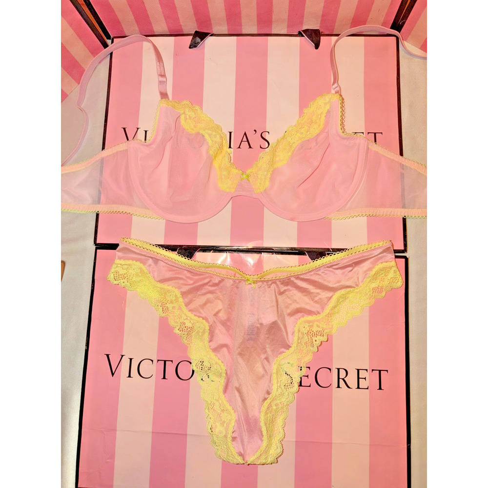 Victoria's Secret Bra Unlined Tease 36C Medium Thong Pink & Yellow